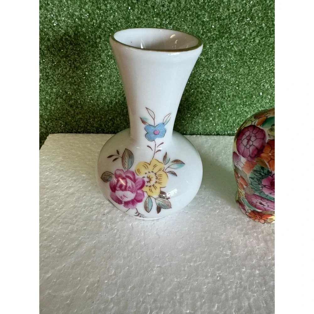 Vintage Miniature Porcelain Bud Vases Floral Millefleur Gold Trim Set of 2